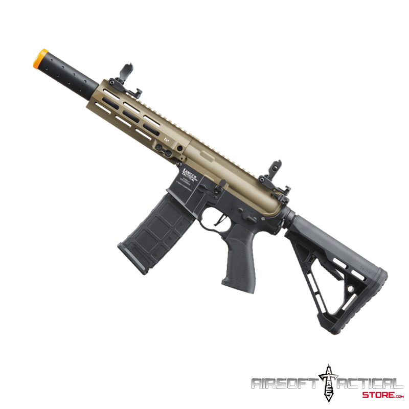 Blazer 7″ M-LOK Proline Series M4 Airsoft Rifle with Delta Stock & Mock Suppressor (Color: FDE Upper Receiver & Black Lower) by Lancer Tactical
