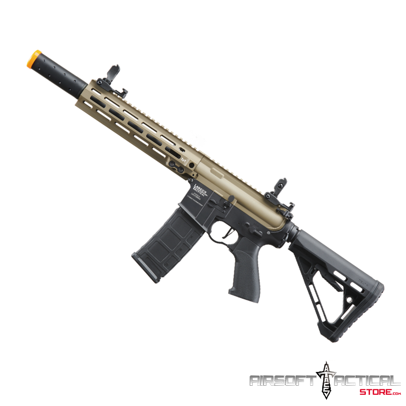 Blazer 10″ M-LOK Proline Series M4 Airsoft Rifle with Delta Stock & Mock Suppressor (Color: FDE Upper Receiver & Black Lower) by Lancer Tactical