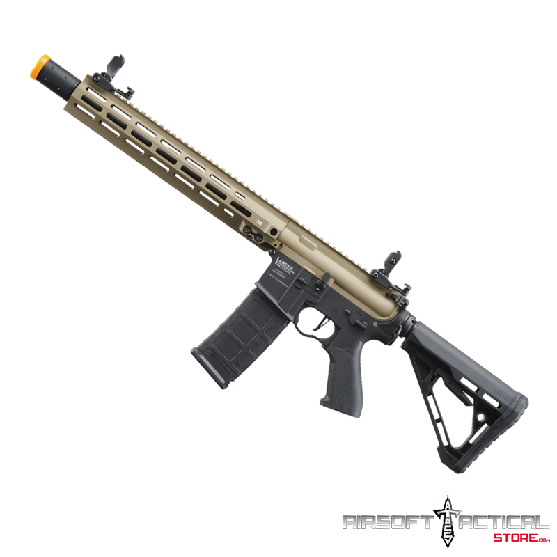 Blazer 13″ M-LOK Proline Series M4 Airsoft Rifle with Delta Stock & Mock Suppressor (Color: FDE Upper Receiver & Black Lower) by Lancer Tactical