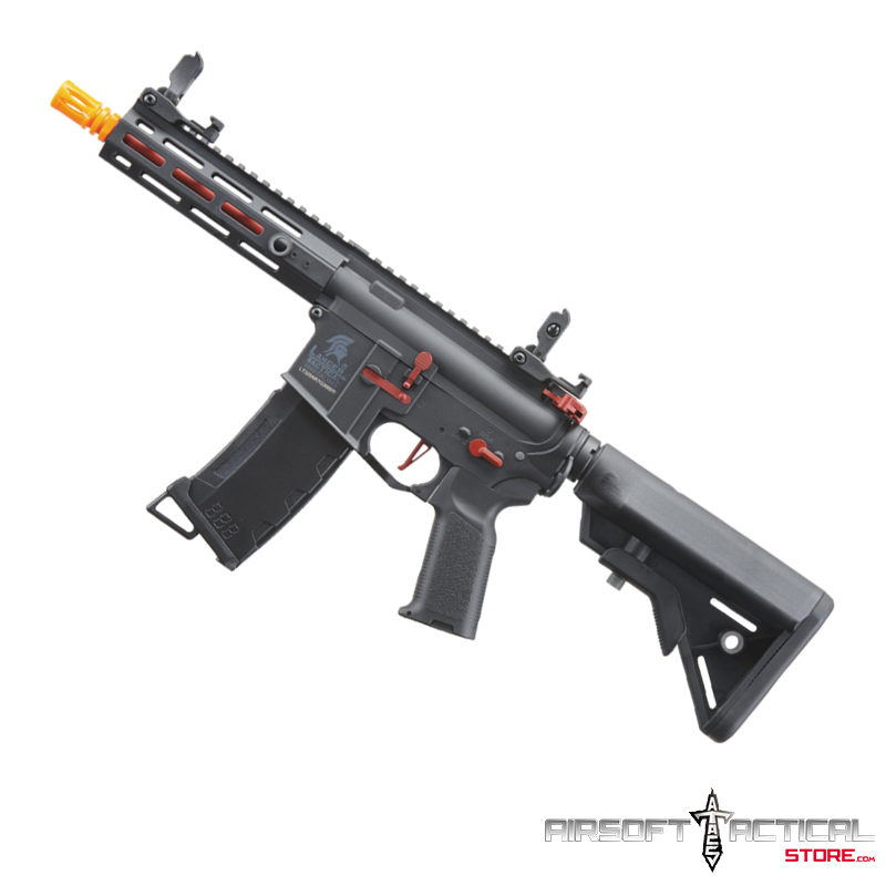 Gen 3 Hellion 7″ M-LOK Airsoft AEG Rifle w/ Crane Stock (Color: Black & Red) by Lancer Tactical