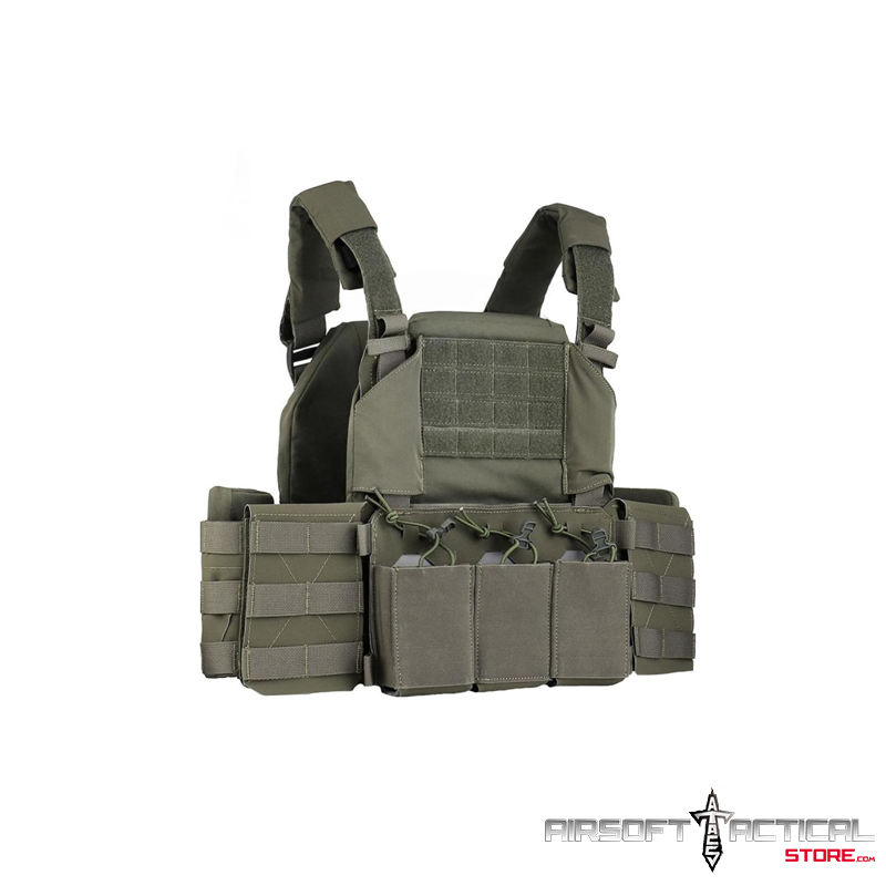 Chest Plate Carrier with Triple MOLLE Magazine Hunting Vest Front and Airsoft Gear Back Bag – OD GREEN by Lancer Tactical