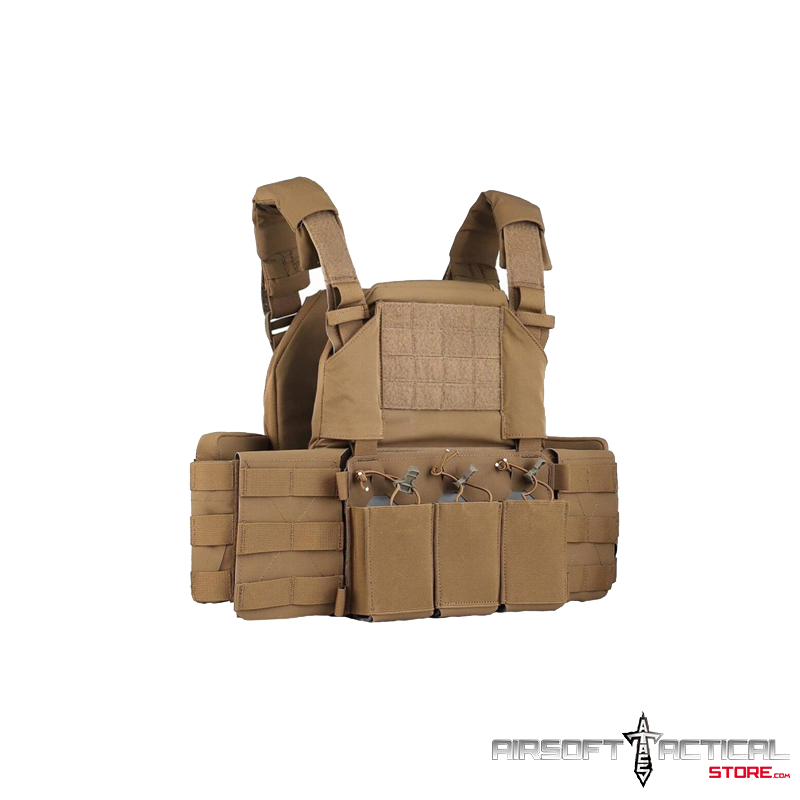 Chest Plate Carrier with Triple MOLLE Magazine Hunting Vest Front and Airsoft Gear Back Bag – TAN by Lancer Tactical